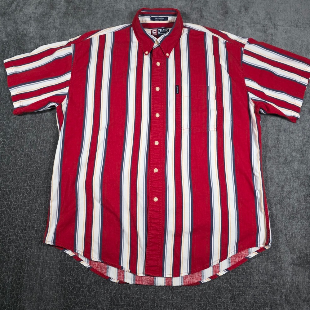 Vtg Chaps Ralph Lauren Mens Large Red Blue White Striped Button Down Textured M